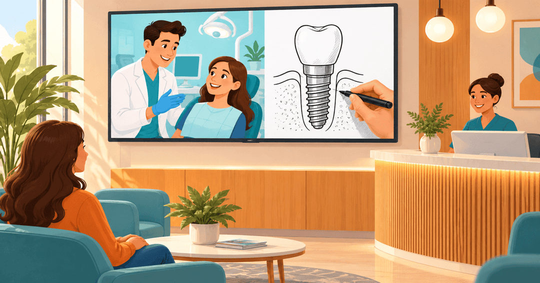 Dental office screen showing a colorful 2D animation beside a hand-drawn whiteboard sketch of a tooth implant