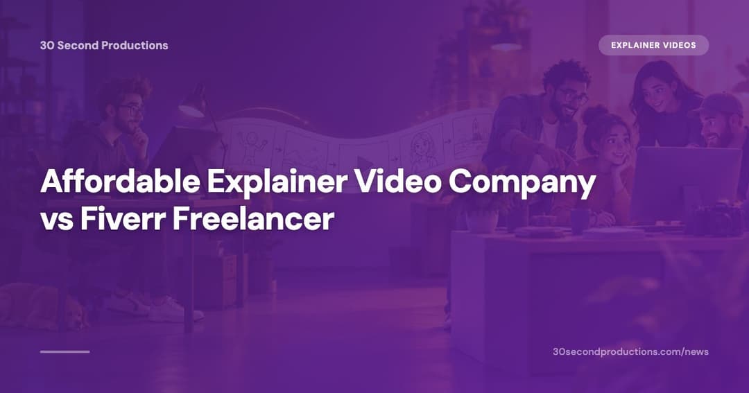 Split illustration comparing a done-for-you video company desk with a lone freelancer's laptop