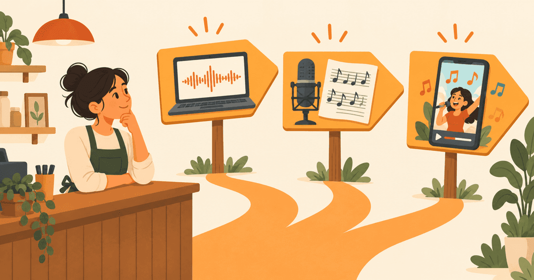 Small-business owner choosing between an AI music tool, a jingle writer's microphone and a phone playing a cartoon song ad