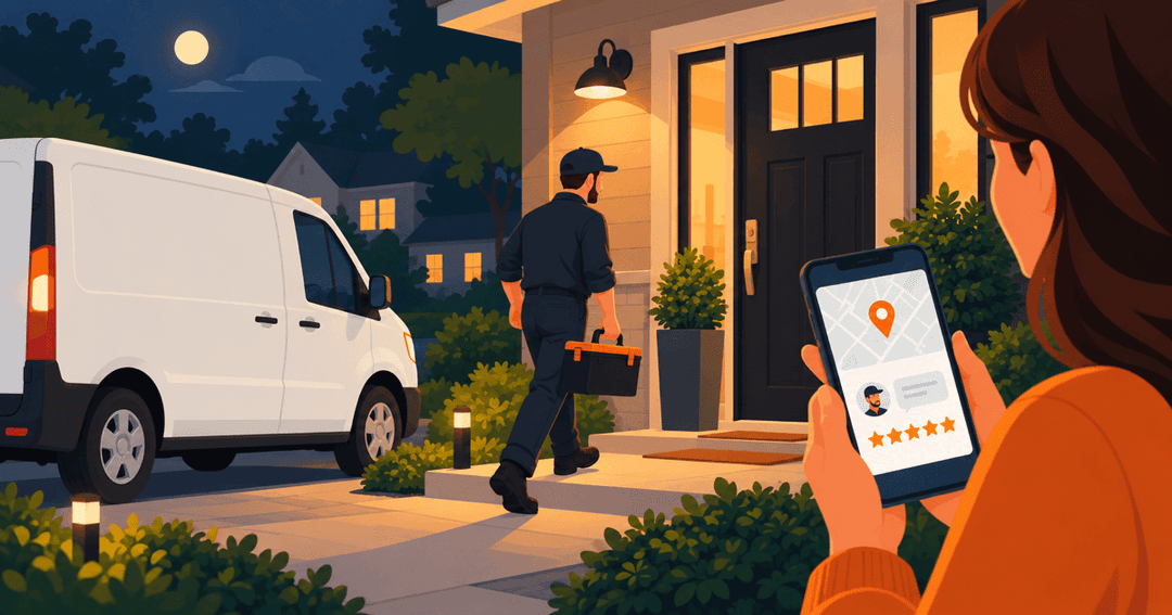 Transporter eines Schlüsseldienstes nachts vor einer Haustür, während ein Hausbewohner auf dem Handy die Antwort eines KI-Chats liest