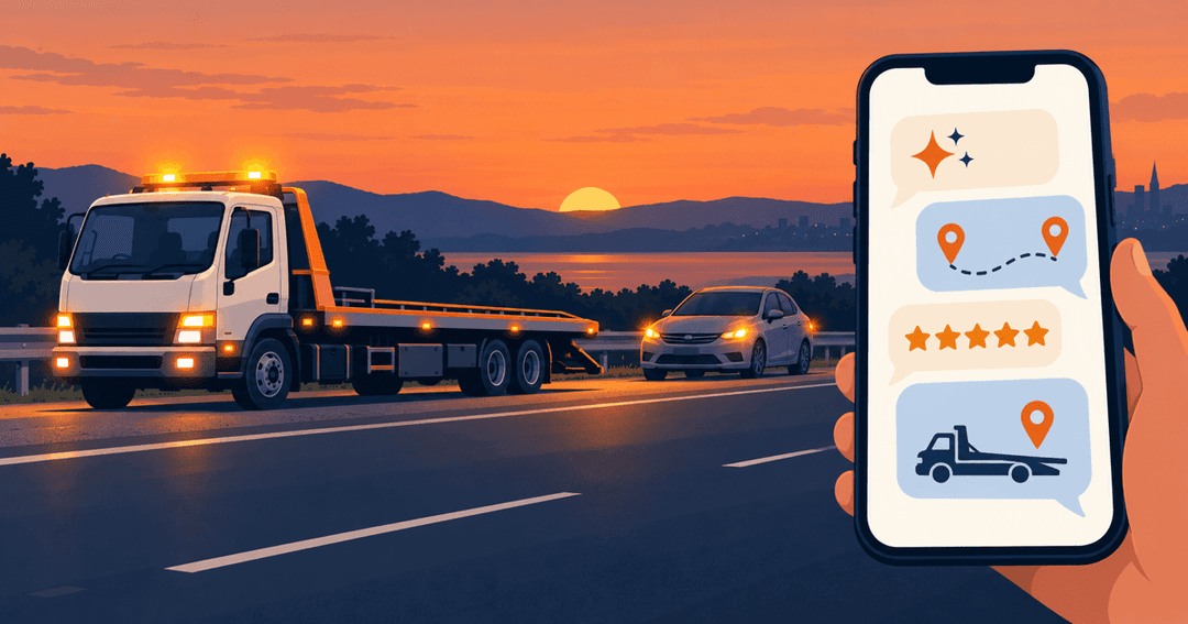Tieferlegerlaster mit Ladefläche auf dem Seitenstreifen einer Autobahn in der Dämmerung, daneben ein Handy mit einem KI-Chat, Kartenmarkierungen und Sternebewertungen