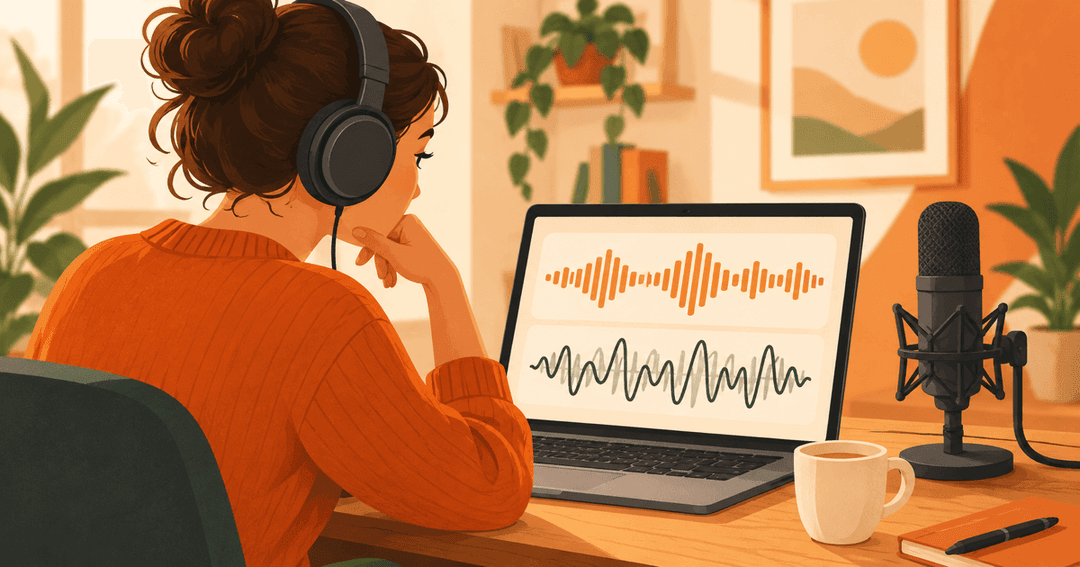 Illustration of a business owner with headphones comparing an AI voice waveform and a human voice recording on a laptop