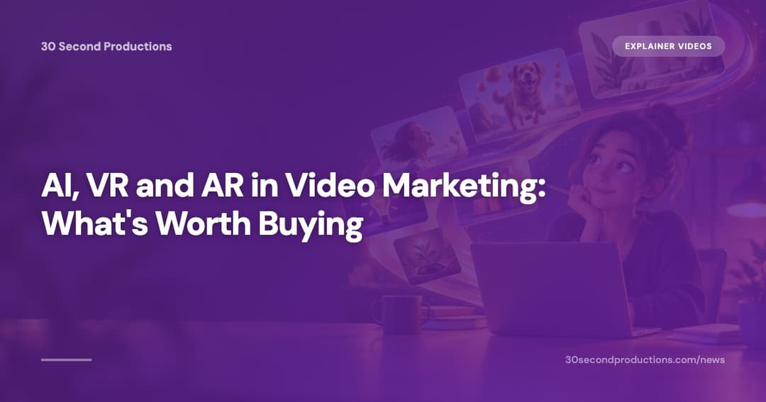 Small business owner holding a phone showing a video, with faint headset and augmented reality shapes beside it