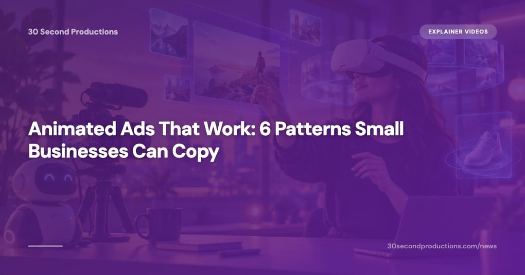 Small-business owner looking at an animated ad on a phone