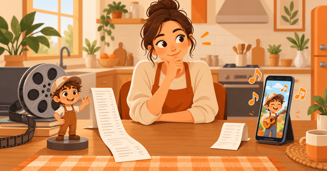 A business owner compares a long studio animation receipt with a short receipt for a vertical song ad on a phone