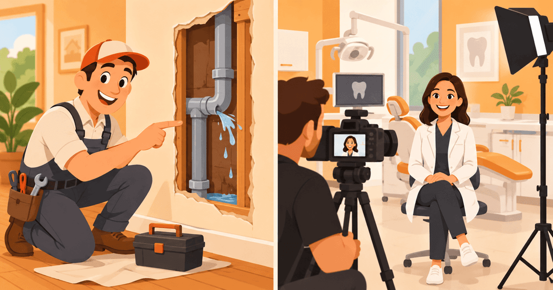 Split illustration comparing an animated cutaway of a leaking pipe with a small film crew shooting in a dental office