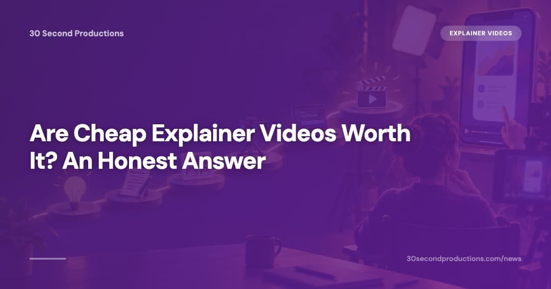 Two price tags on a balance beside a laptop playing an explainer video