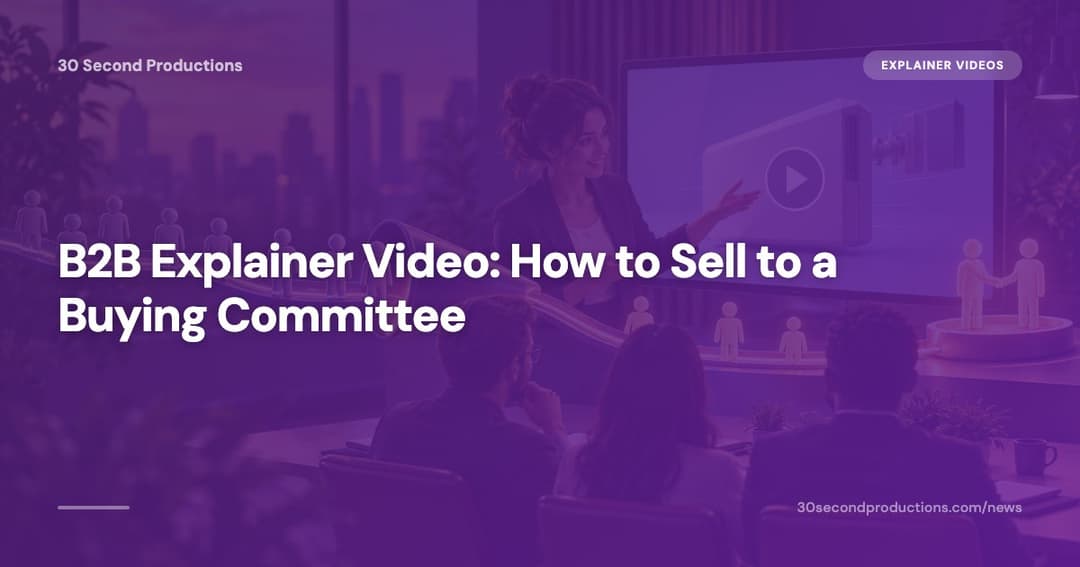 Three people at a company watching the same short B2B explainer video on one laptop