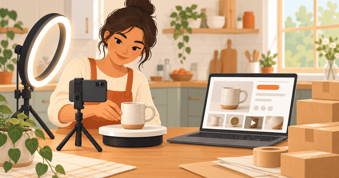 Illustration of a small online store owner filming a product on a turntable for an ecommerce product page video