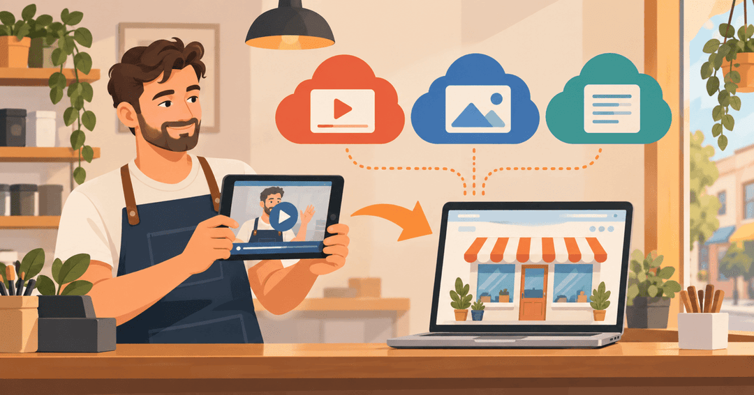 Small-business owner choosing where to host an explainer video, with a tablet, three cloud options and a laptop showing the business website