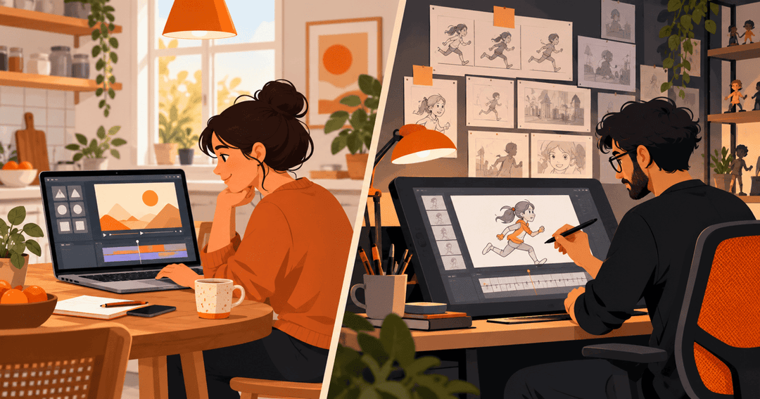 Illustration of a business owner editing a template video on a laptop next to an animator drawing a custom storyboard