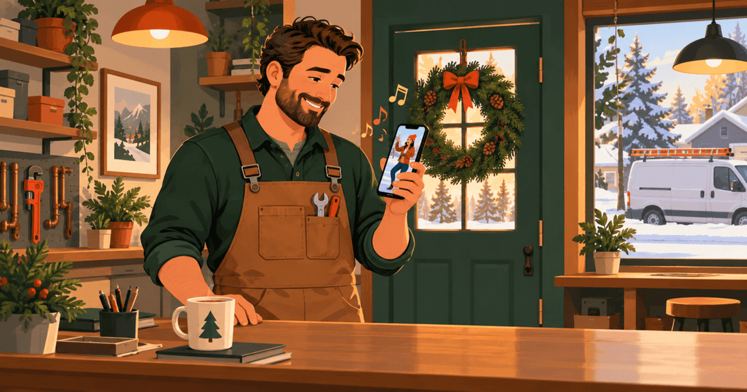 Ladenbesitzerin hält ein Handy, auf dem ein kurzes Weihnachts-Jingle-Video läuft, mit Musiknoten und einem Kranz