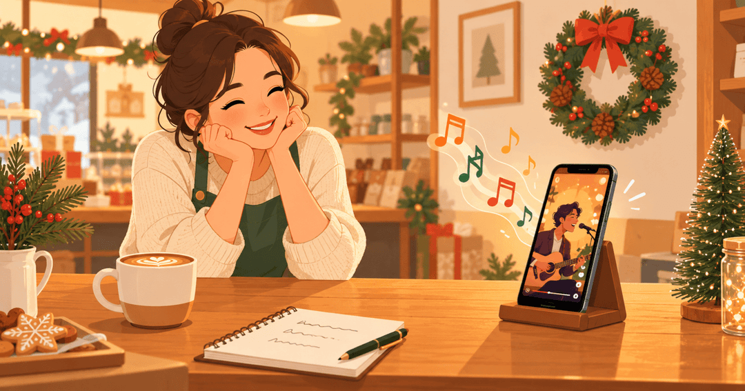 Ein Handy auf einer Ladentheke spielt ein vertikales Weihnachts-Musikvideo, daneben Musiknoten und ein Kranz