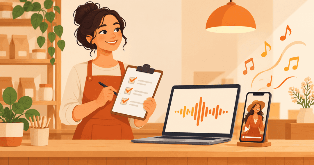 Small-business owner ticking a jingle checklist beside a laptop sound wave and a phone playing a vertical video ad