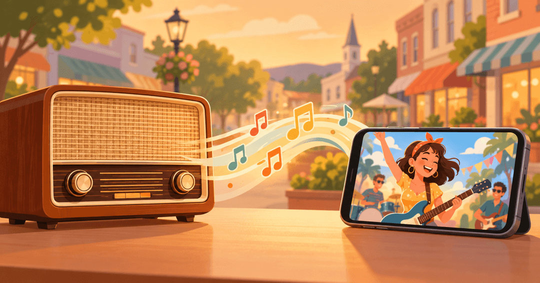 A vintage radio and a smartphone connected by musical notes, showing jingles moving from radio to social video