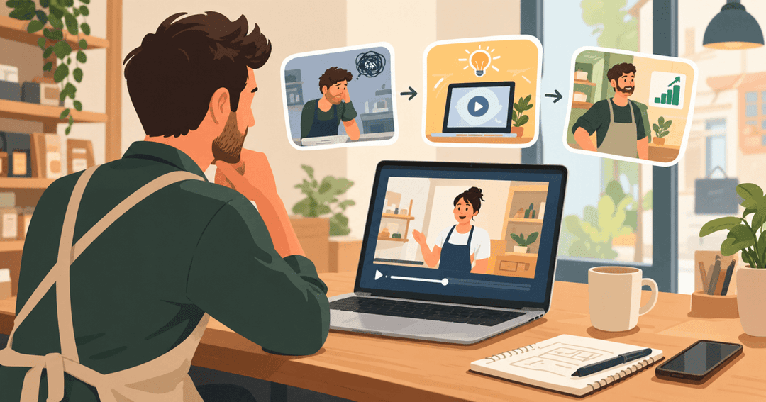 Small business owner reviewing an explainer video script formula on a laptop