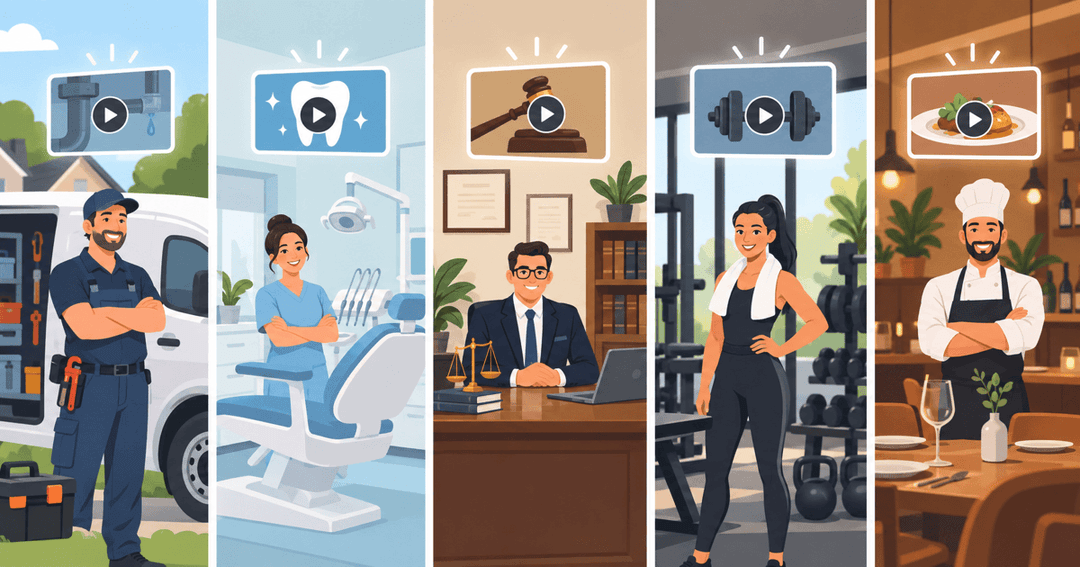 Nine small business storefronts each with a video play icon representing explainer video examples
