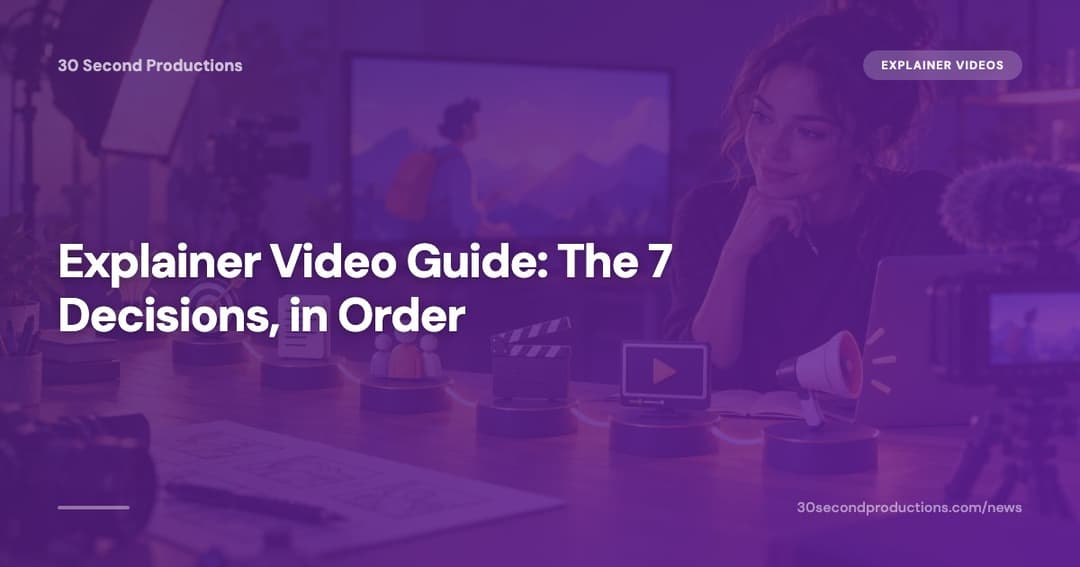 A one-page brief with seven numbered boxes on a desk beside a laptop showing a video play button
