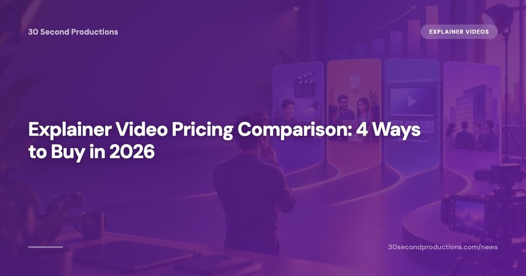 Four different-sized price tags hanging from a video play button, showing the four ways to buy an explainer video