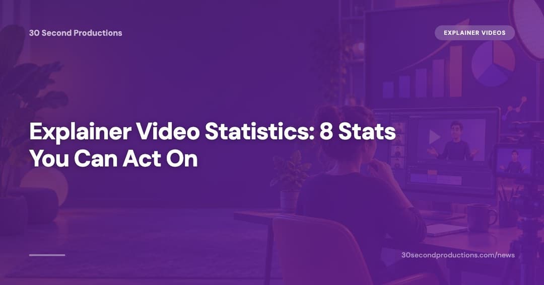 Small business owner inspecting a bar chart of explainer video statistics with a magnifying glass