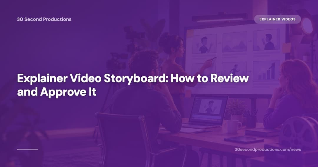 Small business owner reviewing a six-panel explainer video storyboard at a desk