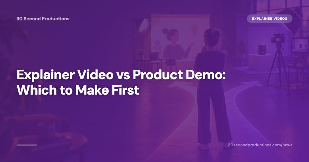 Illustration of a business owner comparing an animated explainer video with a hands-on product demo on two screens
