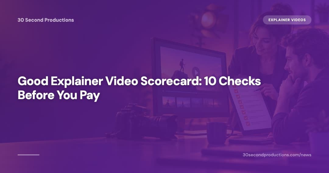 Business owner scoring an explainer video draft on a laptop with a checklist