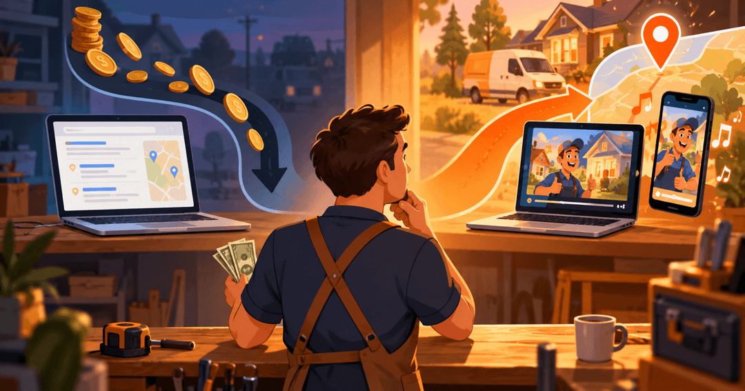 Small-business owner deciding whether to spend $300 on Google Ads clicks or on an explainer video