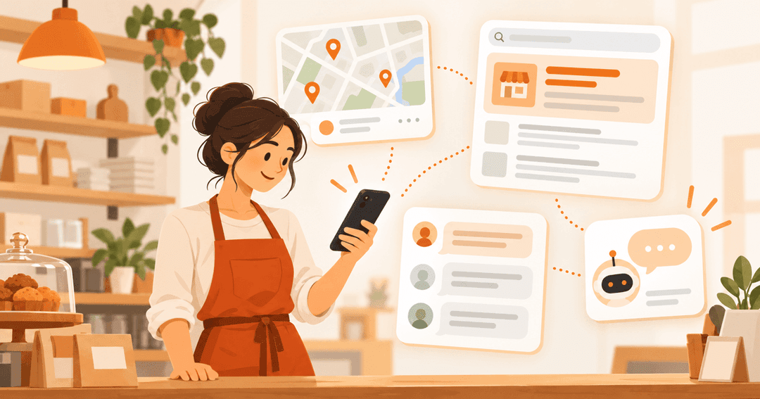 Ladeninhaber vergleicht auf dem Handy Ergebnisse aus Google Maps, AI Overviews, AI Mode und ChatGPT