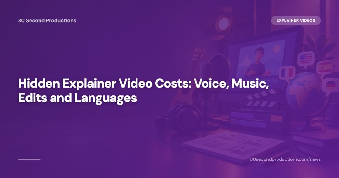 Business owner reading a long invoice with icons for voiceover, music, edits and translation