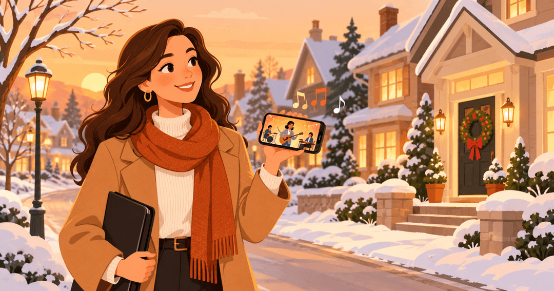 Real estate agent on a snowy street sharing a holiday song video on a phone