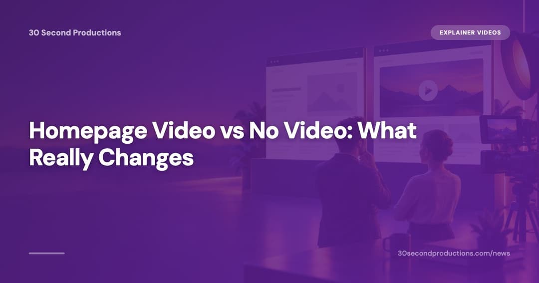 Two versions of the same small-business homepage side by side, one text-only and one with a video play button
