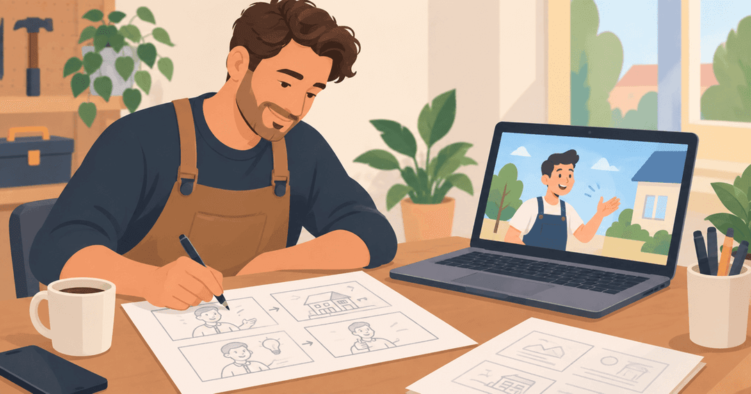Small business owner planning the steps of an explainer video with a storyboard and laptop