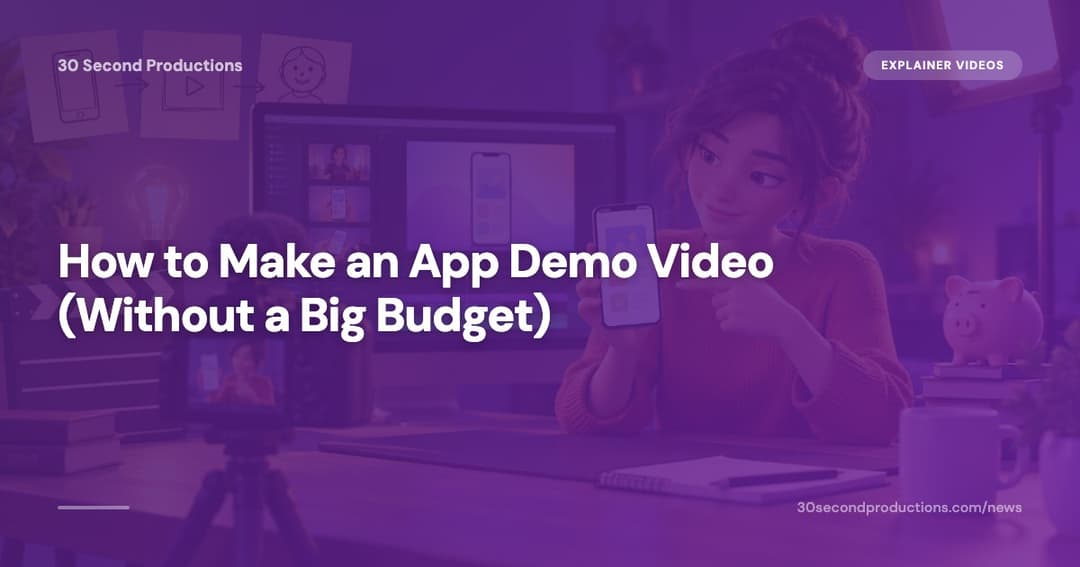 Illustration of a phone, clapperboard and microphone set up to record an app demo video
