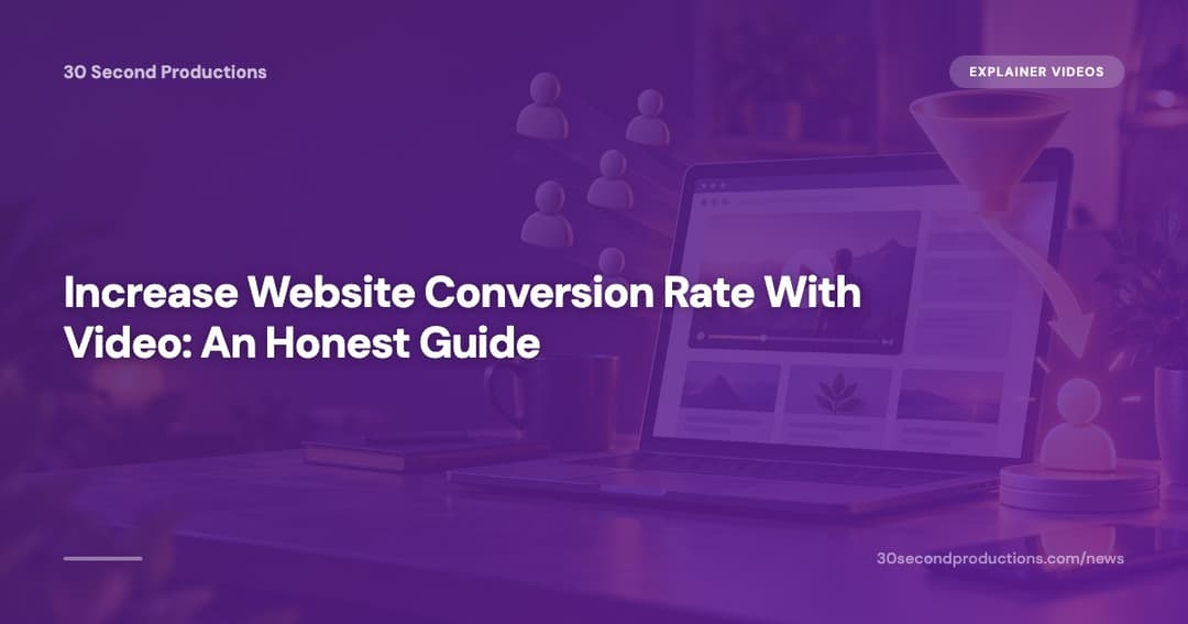 Laptop showing a small-business web page with a video play button next to the headline and a rising conversion chart