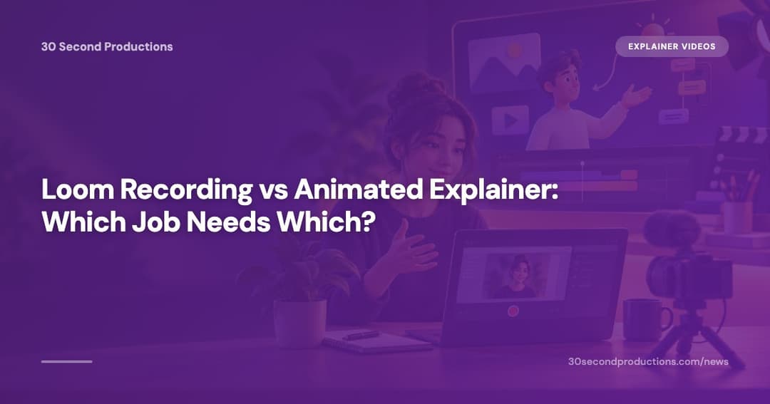 A business owner choosing between a screen recording on a laptop and an animated explainer video on a large screen