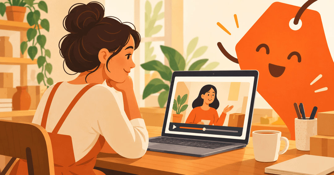 A business owner watching an animated video on a laptop, with a price tag floating half inside the screen
