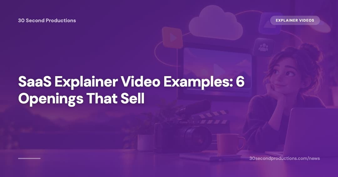 Laptop with a video play button surrounded by six storyboard cards showing SaaS explainer video opening ideas