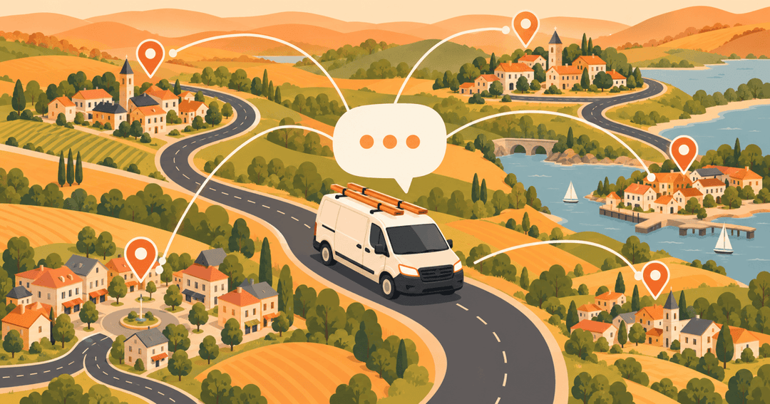 Transporter fährt zwischen mehreren kleinen Orten auf einer Karte, jeder Ort ist markiert und mit einer KI-Chat-Blase verbunden