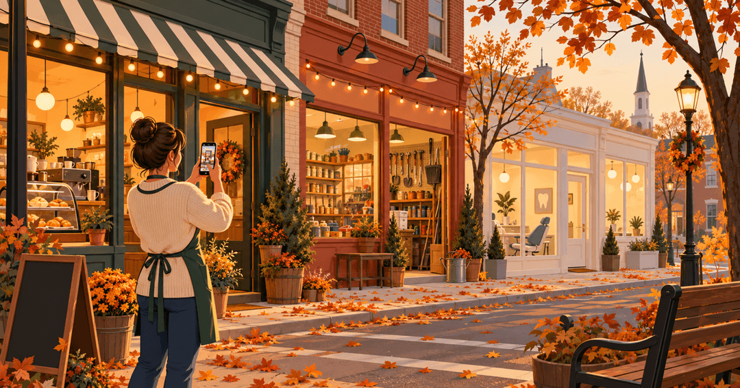 Illustration of a shop owner filming a vertical video of her storefront on a small-town main street in late November