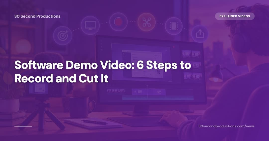 Laptop recording an app screen next to a microphone and a short video timeline