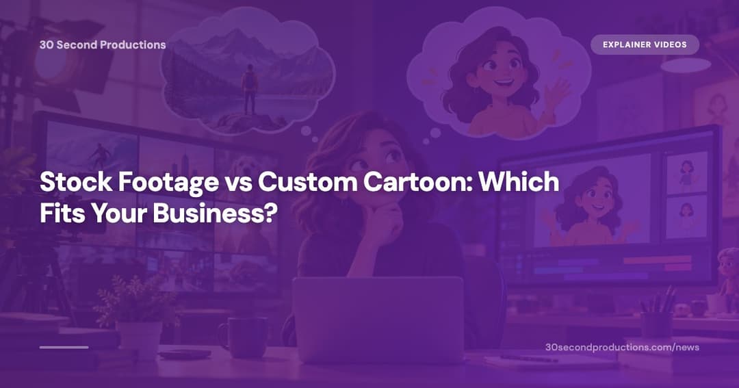 Business owner comparing a generic stock footage montage with a custom cartoon explainer on two screens
