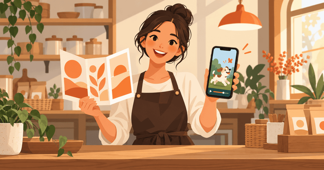 A business owner comparing a printed brochure with a short explainer video playing on a phone