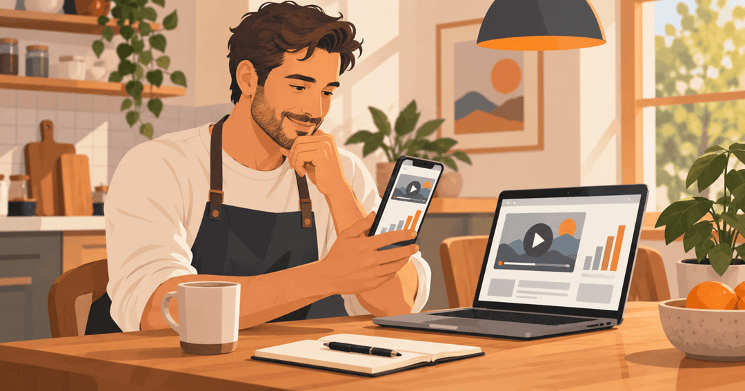 Small business owner comparing video view numbers on a phone and a laptop