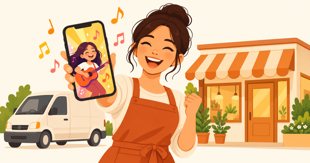 Small-business owner watching a cartoon music video ad for her shop on a phone