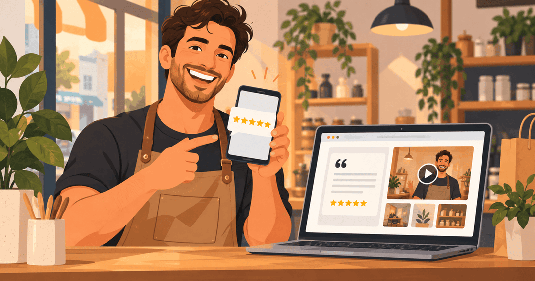 Small-business owner turning a customer message into a website testimonial and a short video