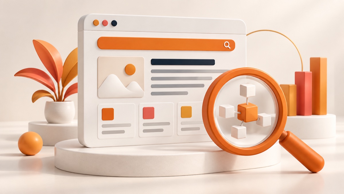 Orange magnifying glass highlighting a structured business website