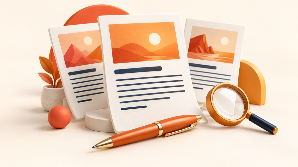 Orange pen and editorial article pages for done-for-you blog writing