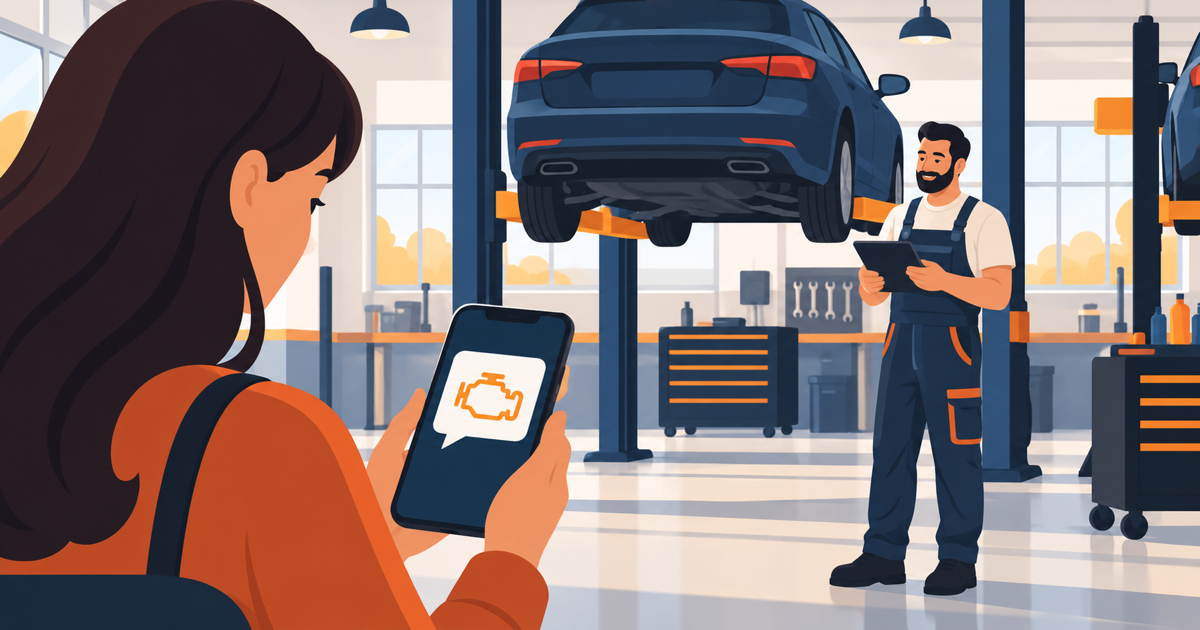 Mechanic in a repair garage while a driver checks an AI chat about a warning light on a phone