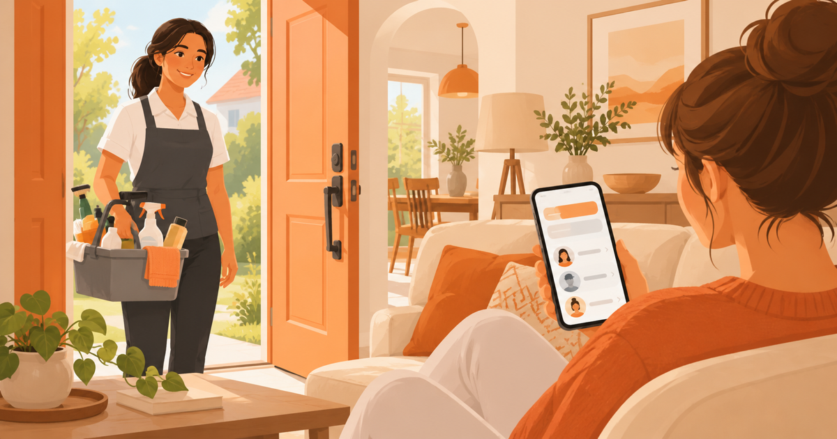 House cleaner arriving at a front door while the homeowner checks an AI chat on a phone